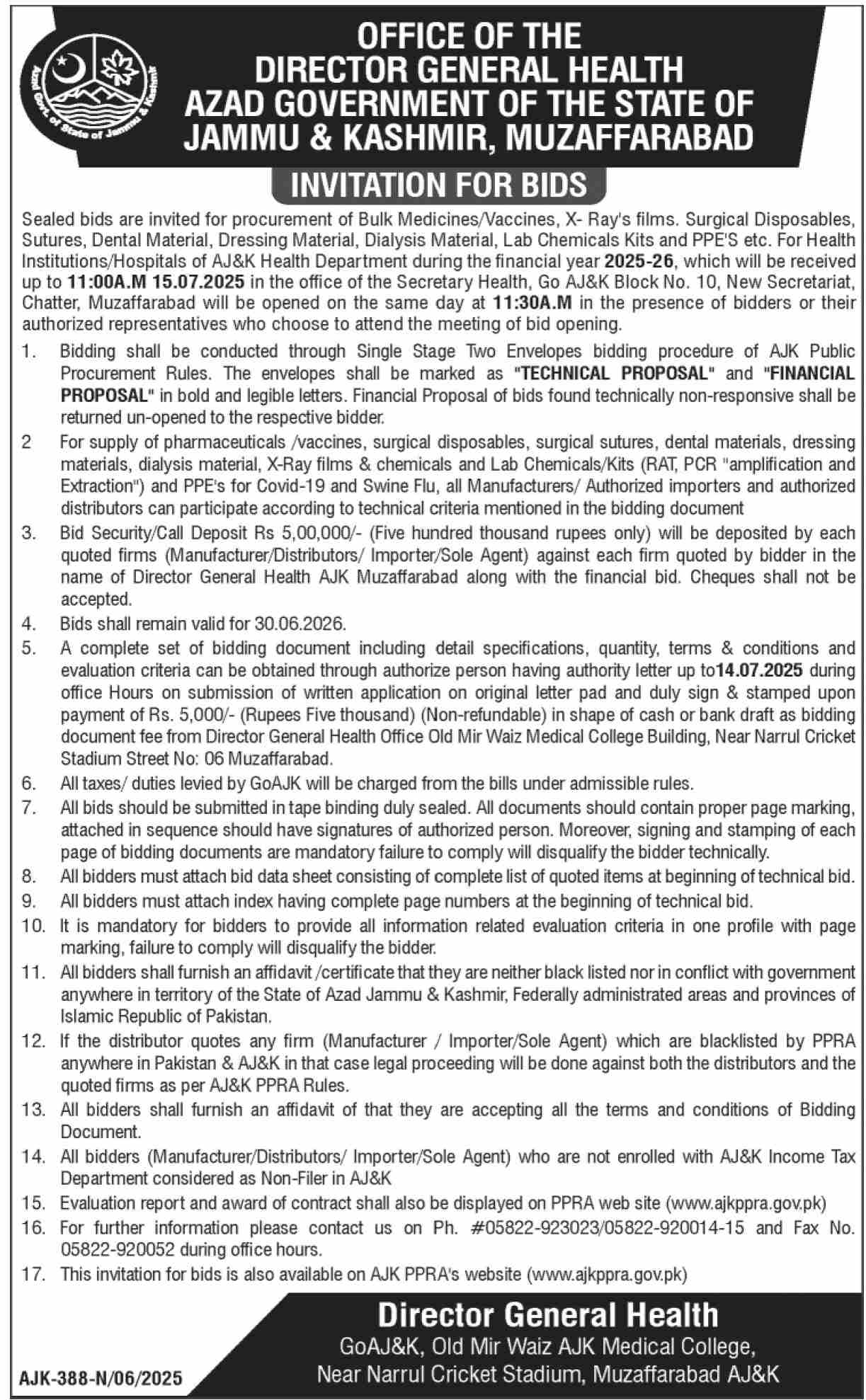 District General Health Department AJK Tender Notice
